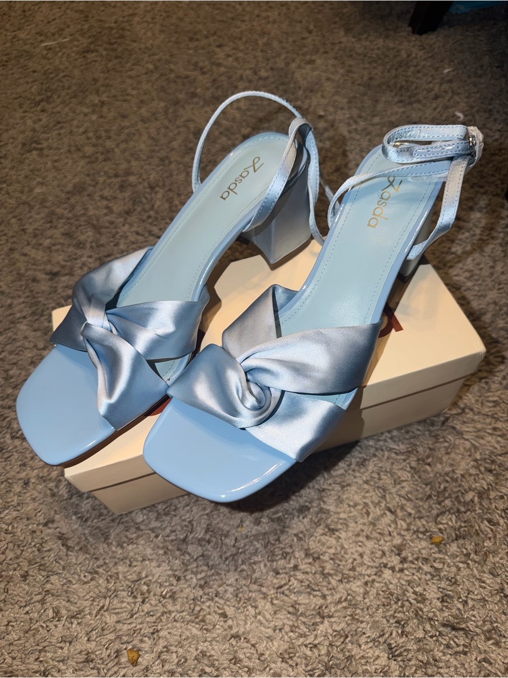 Light Blue Satin Knot Block Heel Sandals